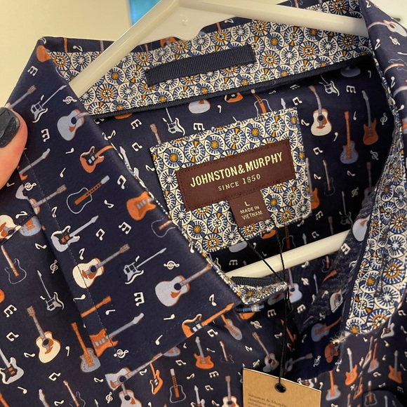 Johnston & Murphy Navy Guitar Print Casual Shirt - Picture 2 of 6